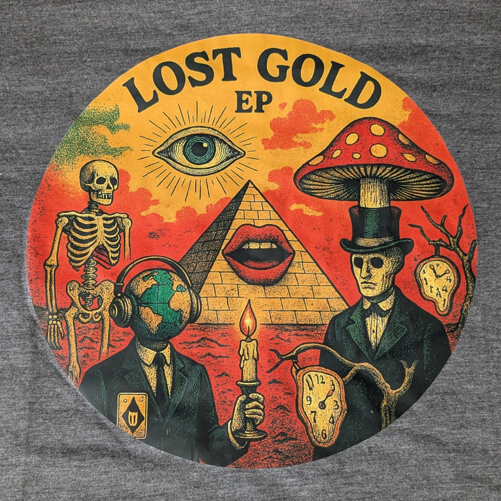 Circular design with 'Lost Gold EP' text, skeleton, pyramid, and other symbols on a gray background.