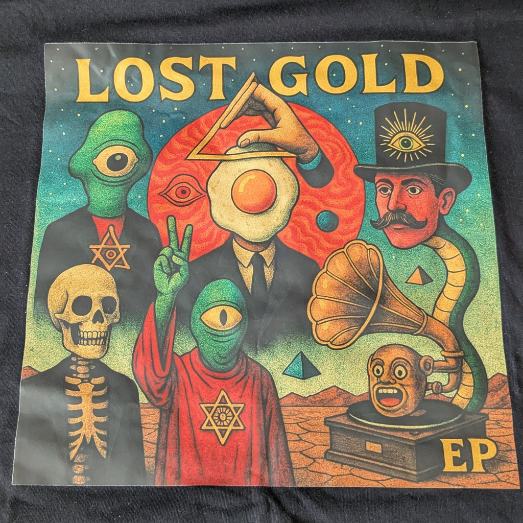 Black t-shirt with 'Lost Gold' EP cover design on a textured surface